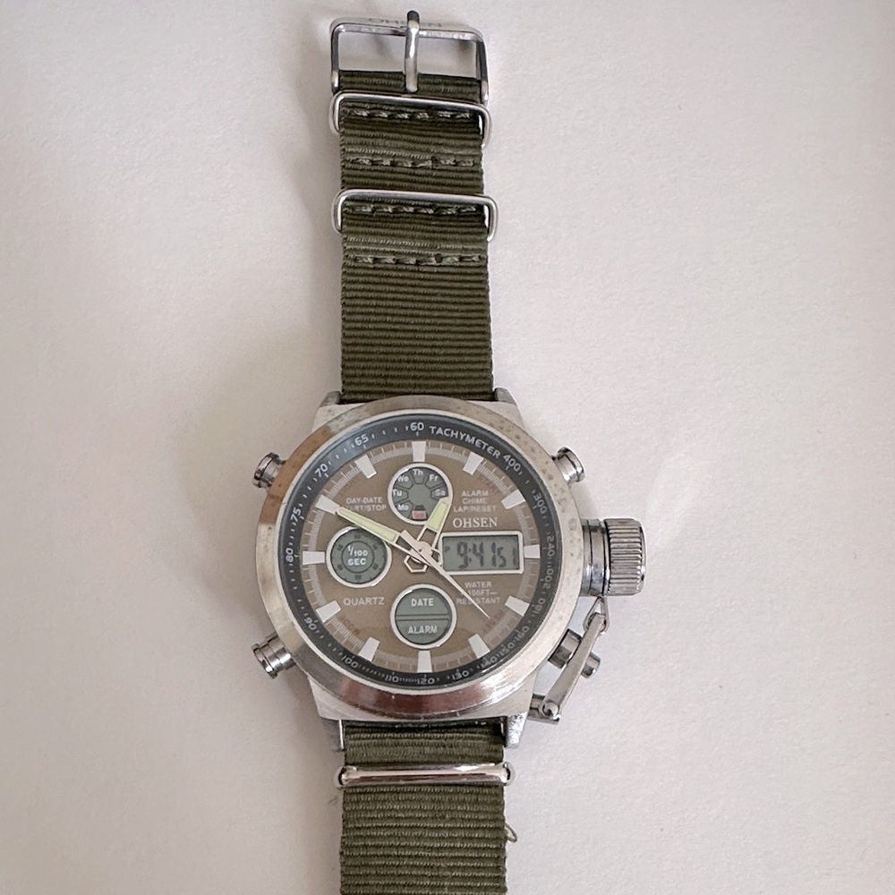 Ohsen Men's Military Army Green and Silver Watch Quartz Nylon Wristband - Picture 3 of 9